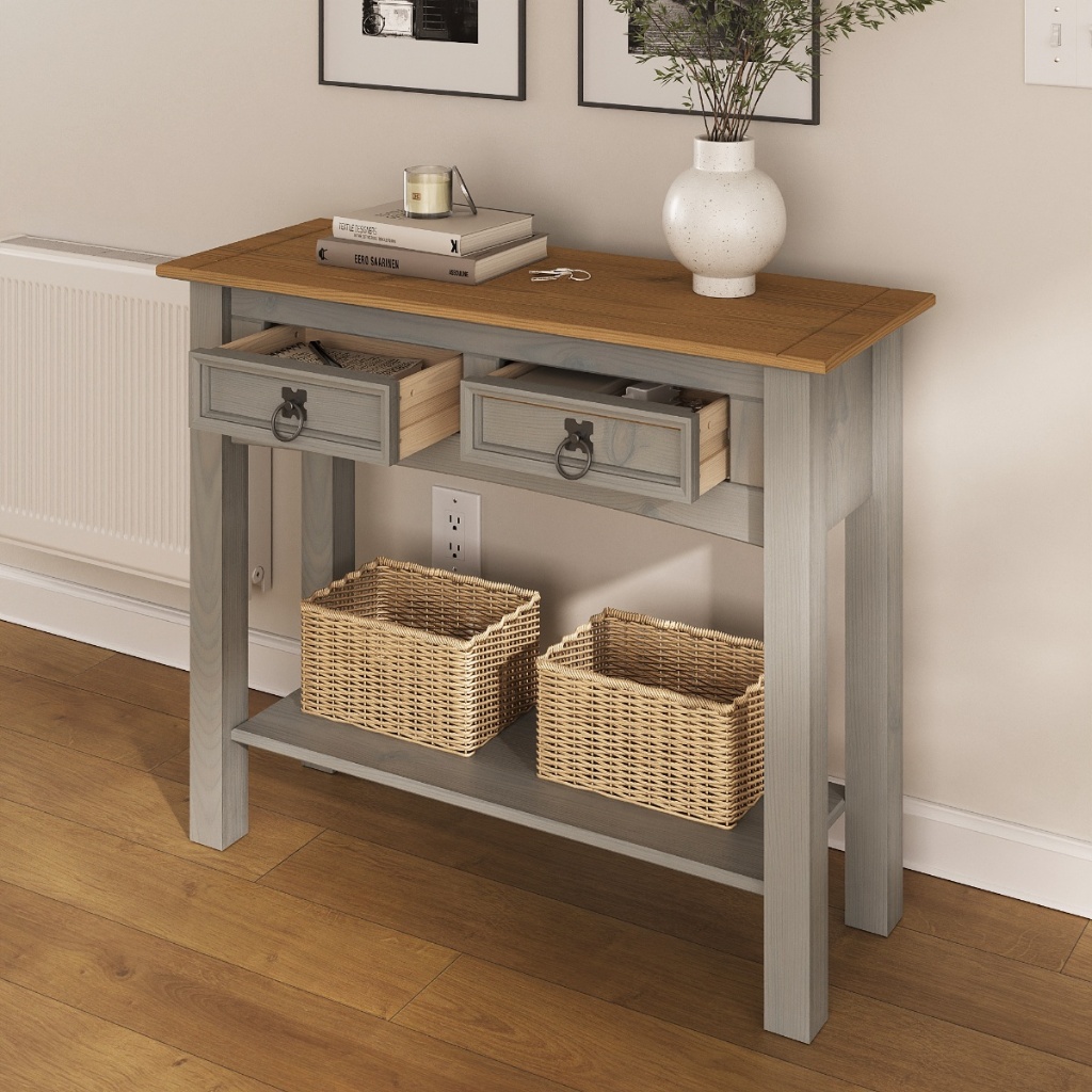 Aparador de Madeira Maciça com 2 Gavetas Cinza Lavado e Tampo Marrom Antique – Linha Corona Gray | Pense Dentro da Caixa