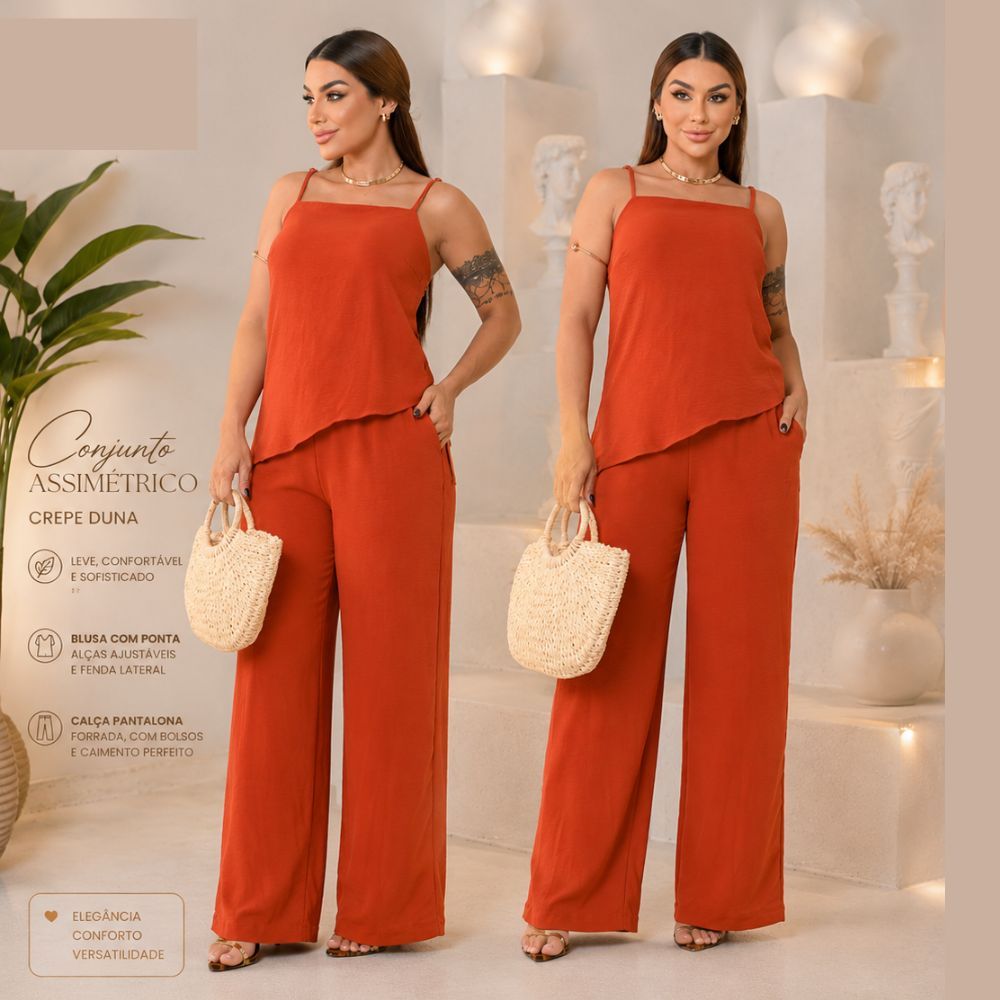 Conjunto Feminino Casual Assimétrico Blusa Regata Calça Pantalona Cor Tendência Elegante Atemporal