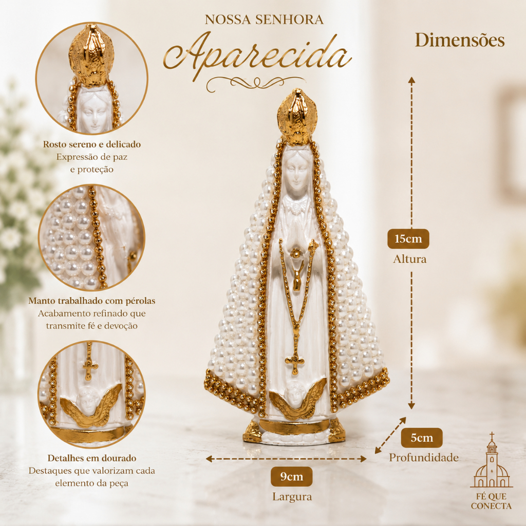 Nossa Senhora Italiana 15cm Pérola Gesso Catolico Dourado Branco Perolado Dourado Basílica Aparecida