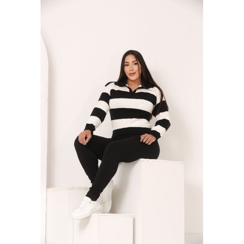 Blusa de Frio Listrada Gola Polo em Tricô Modal Moda Feminina Inverno Outono Casual Confortável Modinha
