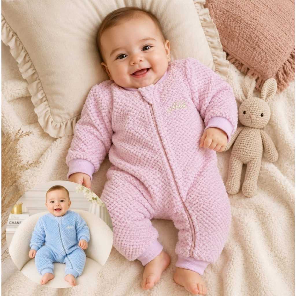 Macacão bebê em fleece peluciado premium cor lisa menino menina, maternidade, enxoval