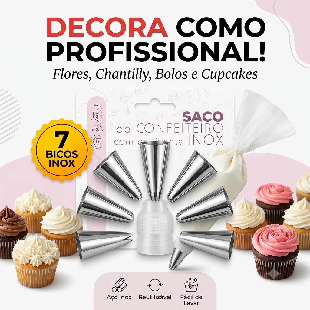 Kit Saco Confeiteiro 7 Bicos Inox para Decorar Bolos Cupcakes e Doces