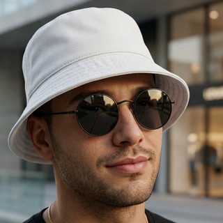 Kit Bucket Hat Unissex Com Óculos Redondo MD-26 Lente Escura UV400 Visual Moderno Praia Passeio
