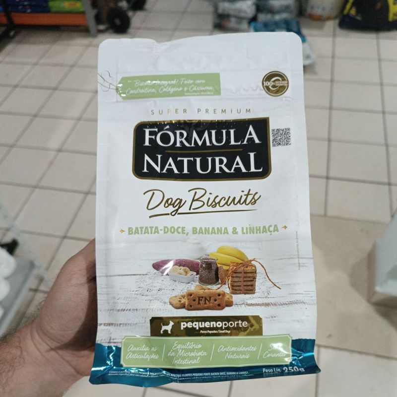petisco biscoito formula natural dog biscuits batata-doce banana e linhaça PCT de 250 gr ATENÇÃO VALIDADE 18/08/26