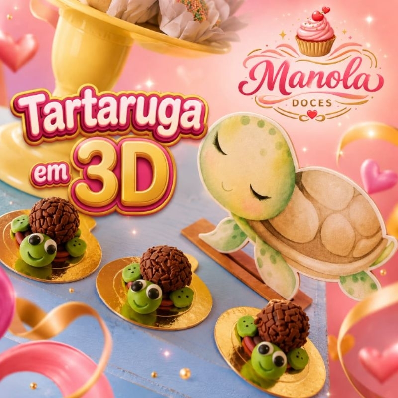 Aplique em pasta americana - Tartaruga 3D - Fundo do mar - Aplique de açúcar - Kit com 10 unidades.