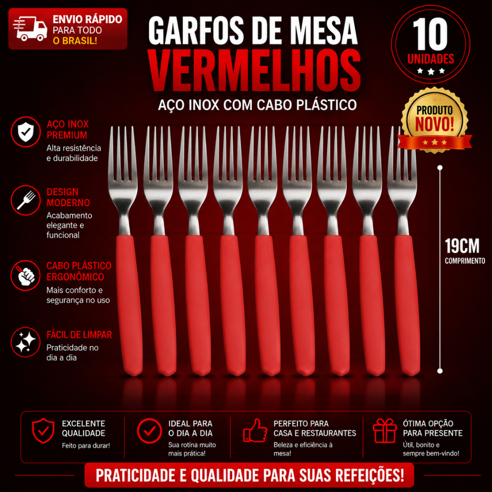 10 Unidades de Garfos de Mesa Vermelhos 19cm Aço Inox com Cabo Plástico Excelente Garfo Inox