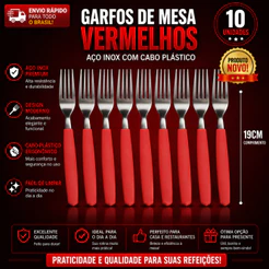 10 Unidades de Garfos de Mesa Vermelhos 19cm Aço Inox com Cabo Plástico Excelente Garfo Inox
