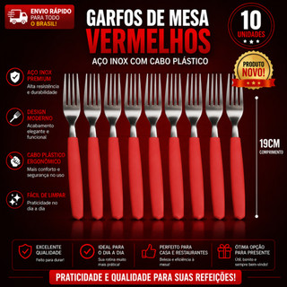 10 Unidades de Garfos de Mesa Vermelhos 19cm Aço Inox com Cabo Plástico Excelente Garfo Inox