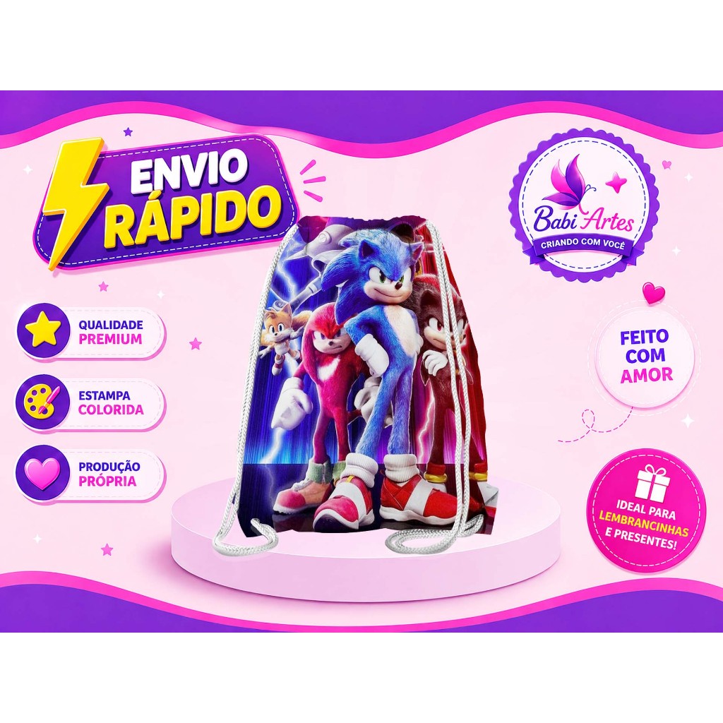 Mochilinha Saco Sonic Festa Aniversário Lembrancinha Saquinho Infantil Envio Rápido