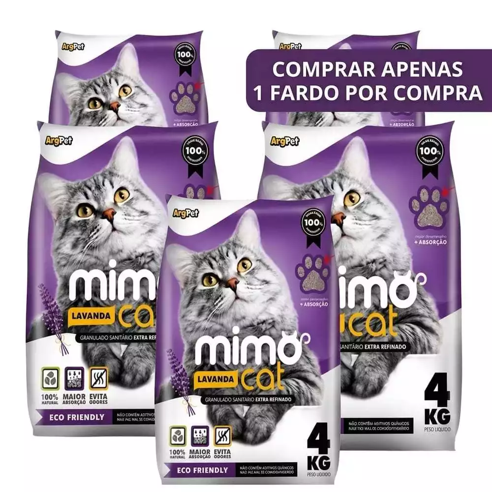 Kit 5 Pacotes Fardo Areia Higiênica Sanitária de Gato MimoCat Alta Absorção Forma Torrões