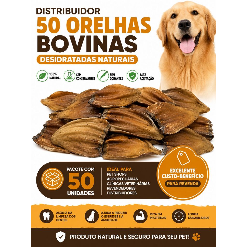 Kit 50 Orelhas Bovinas Desidratadas Petisco Natural Para Cães Atacado