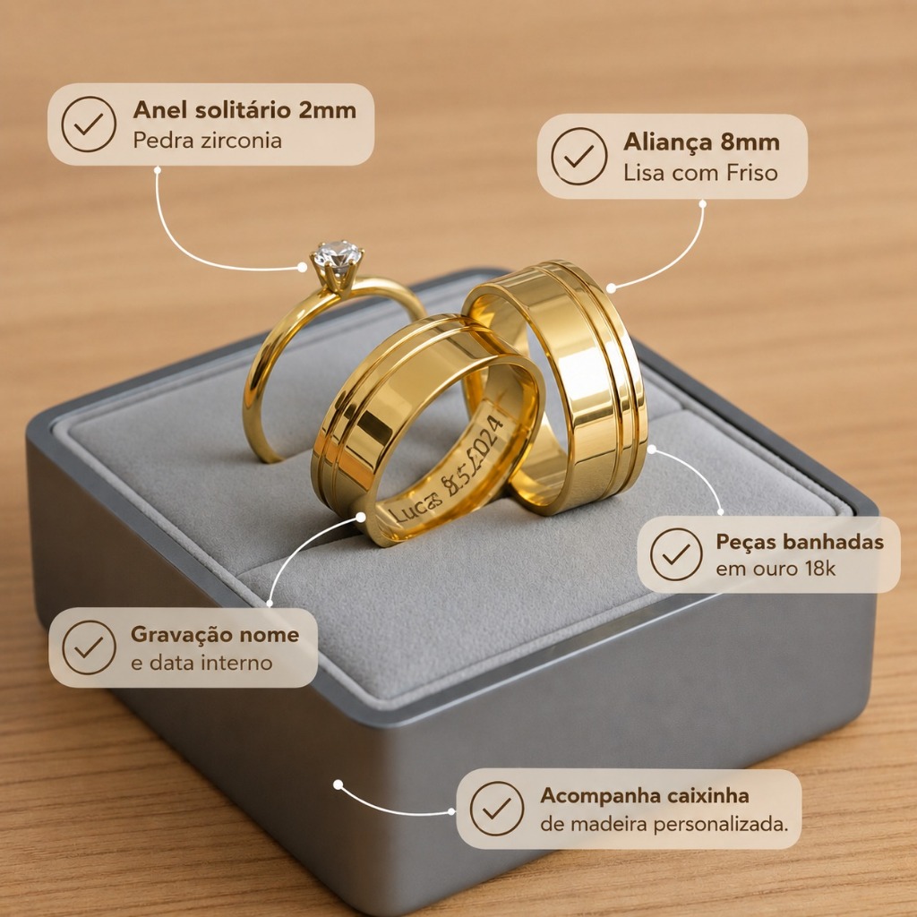 Par De Aliança + Anel Solitário Noivado Casamento Grossa Banhada A Ouro 18k Brilhante 8mm + Gravação (CÓD. 218)