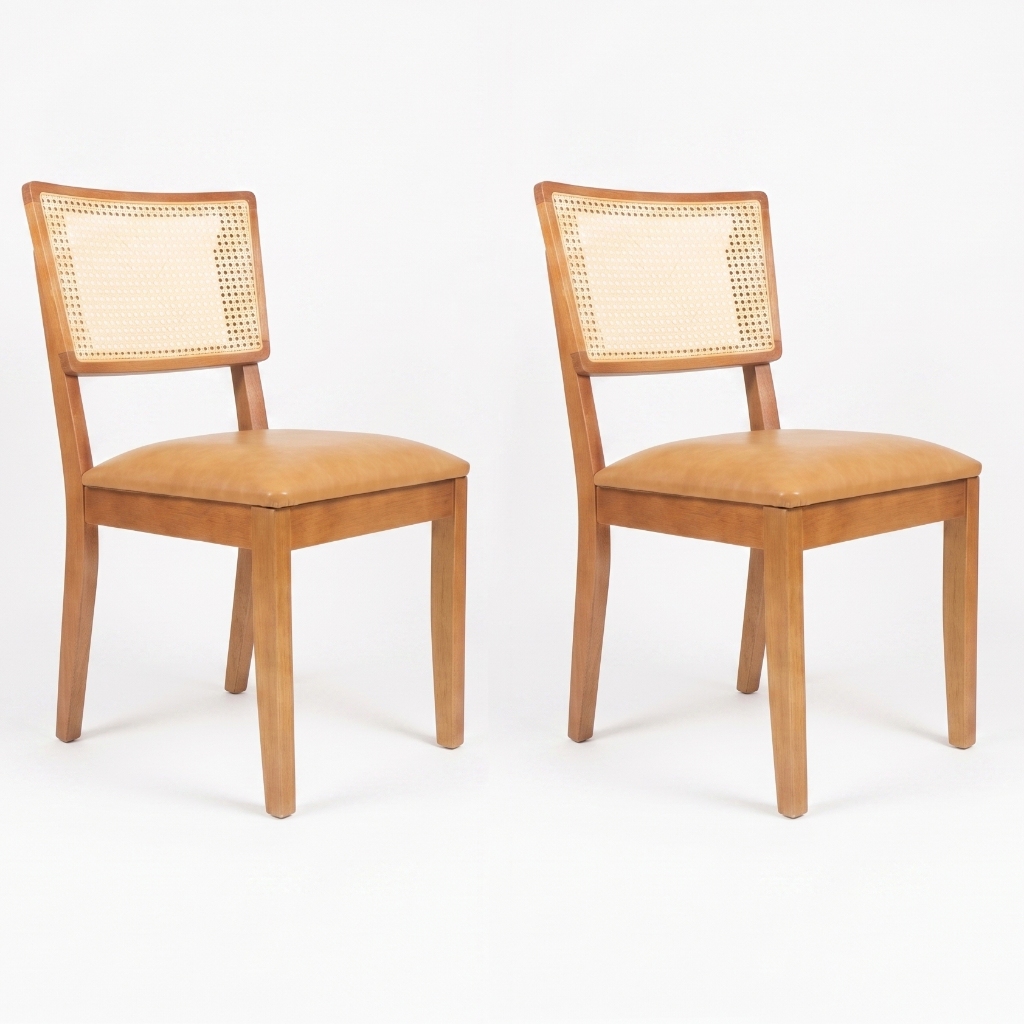 Kit 2 Cadeiras de Madeira Maciça Resistente para Mesa de Jantar Sala Cozinha Resistente Rattan Natural Entregue Montada