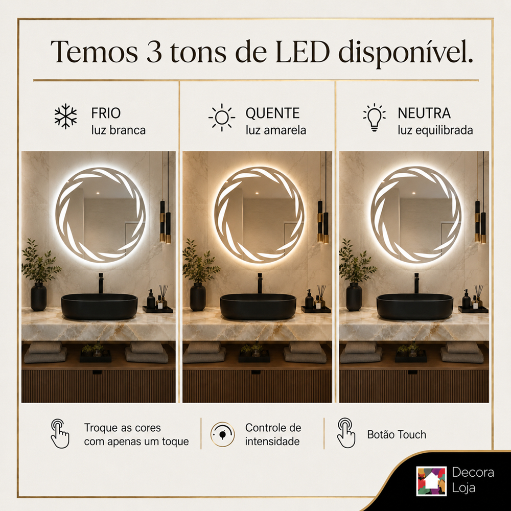 Espelho Redondo com SENSOR DE MOVIMENTO e 3 cores de LED juntas 60X60cm, Quarto, Banheiro, Camarim · foto 2
