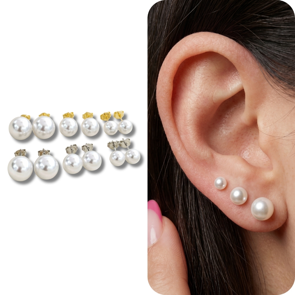 KIT Trio Brinco Pérola Solitária Clássico 3 furos 4, 5 e 6mm| Banhado Com Garantia de Fábrica Brincos Acesórios Feminino