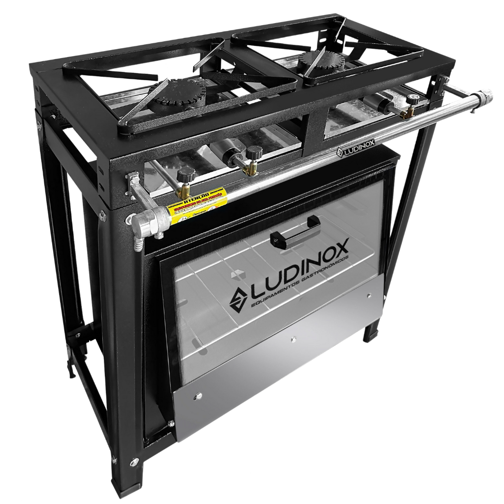 Fogão Industrial 2 Boca 30x30cm Forno 60L Tampa Vidro Temperado Alta Pressão Ferro Gás Profissional