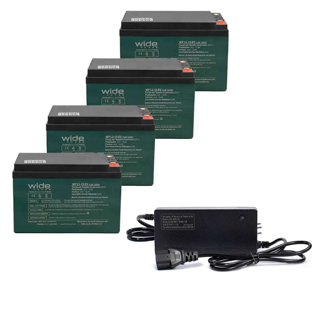 KIT 4 BATERIAS WIDE 12v 15ah + CARREGADOR 48V Bivolt