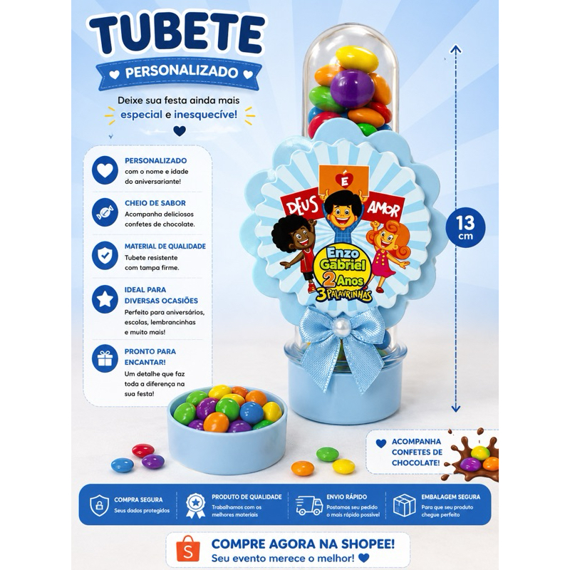 Kit Tubete Personalizado, Lembrancinha para Festa , Aniversários , Chá BB, 3 Palavrinhas Azul, FAZEMOS TODOS OS TEMAS