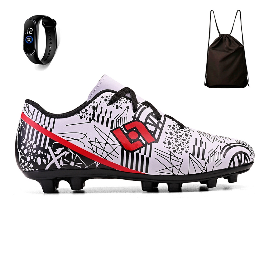 Kit Chuteira Futebol Campo Trava Infantil Resistente Costurada + Mochila e Relogio