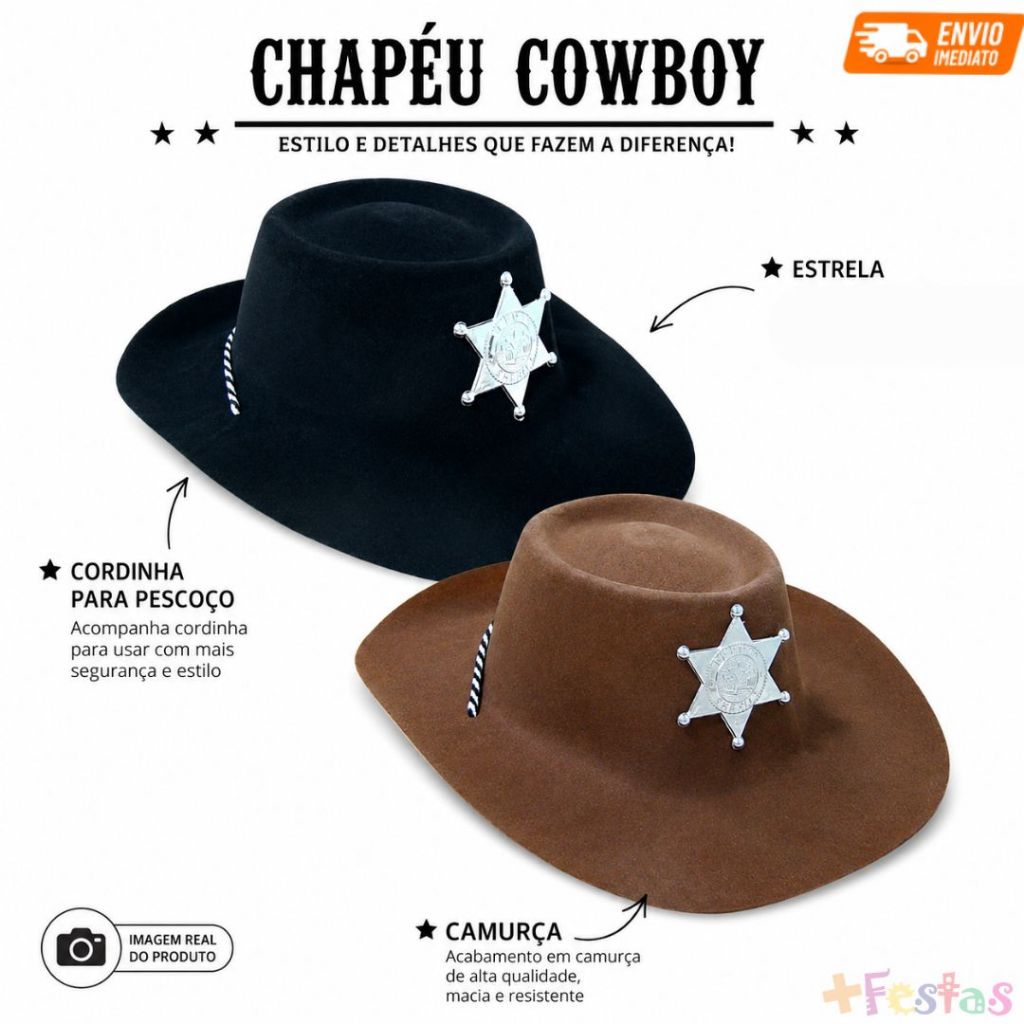 Chapéu Xerife Camurça Country Estrela Unissex Festa Adulto Infantil Junina Eventos Preto E Marrom