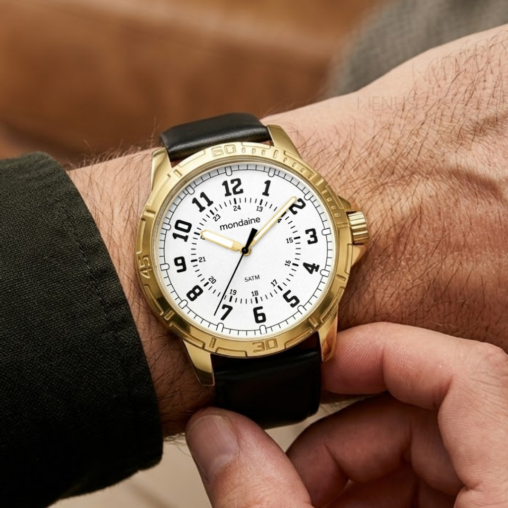 Relógio Mondaine Masculino Analógico Casual  Preto Dourado Branco Brilha No Escuro Prova D'água 50 Metros Original