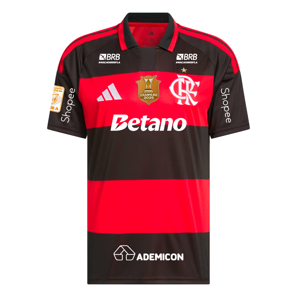 Manto Flamengo Masculina Jogo 1 Adidas 2026 - Kit Patrocínio + Kit Patchs Campeão Brasileirão 2025