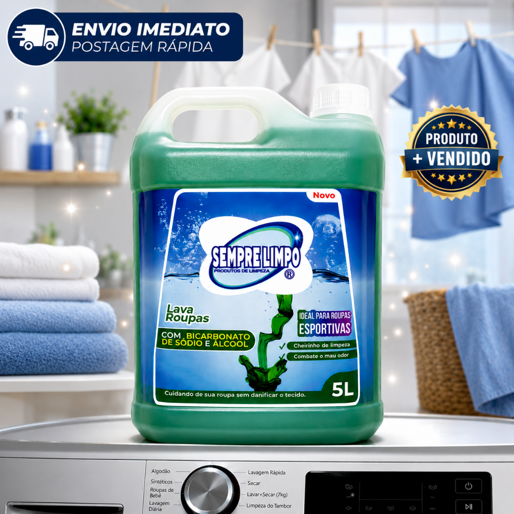 Sabão Líquido 5L Lava Roupas Com Bicarbonato e Álcool Roupas Brancas e Coloridas