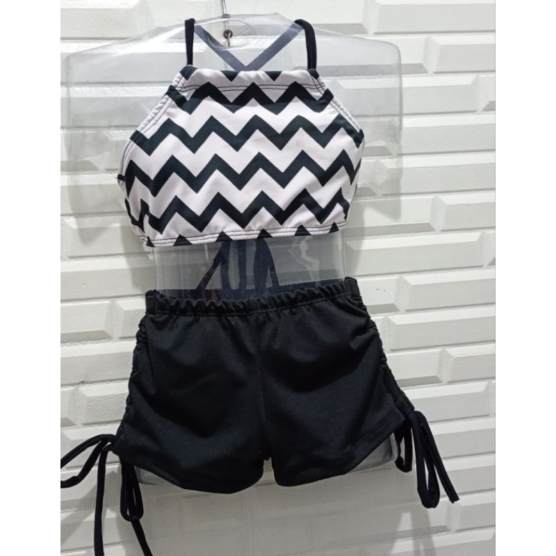 Biquini infantil shortinho ( sem forro) com cropped praia meninas floral preto