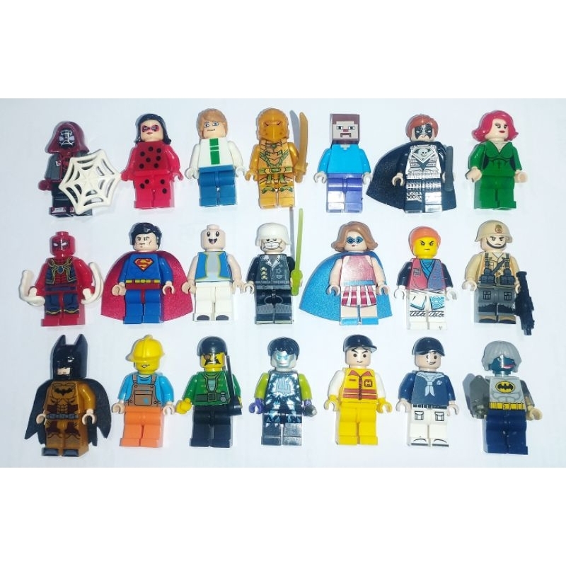 Lote 21 Miniaturas Bonecos Lego / Similar, Brinquedos Heróis DC, Marvel, Ladybug, Minecraft, Batman, Superman, Spiderman