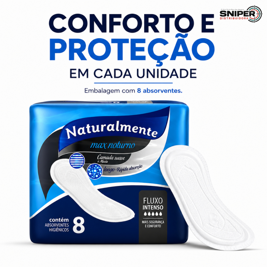 Absorvente Sem Abas Noturno Kit com 12 Pacotes com 8 Unidades Naturalmente Max Conforto e Proteção — imagem 2 de 2