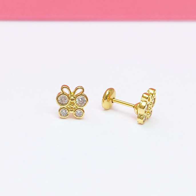Brinco Infantil Borboleta com Zircônia Cristal e Tarraxa Baby – Banho Ouro 18k Antialérgico