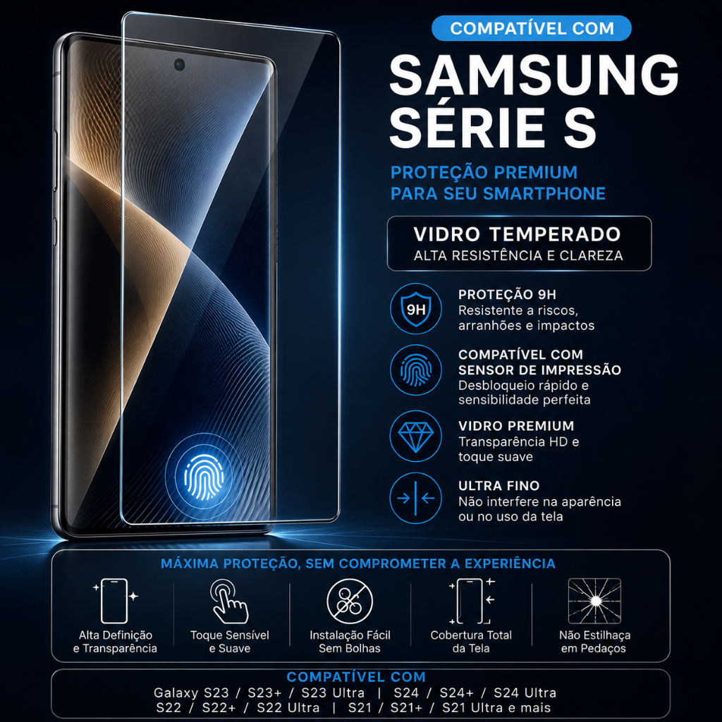 Película 3D Vidro Temperado para Samsung Série S com Biometria/s24 ultra/ S26 ULTRA/S25 ULTRA