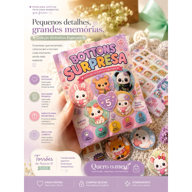 Bottons Surpresa Colecionáveis Kit 5 Unidades Bichinhos Fofos Kawaii Cute Presente Criativo