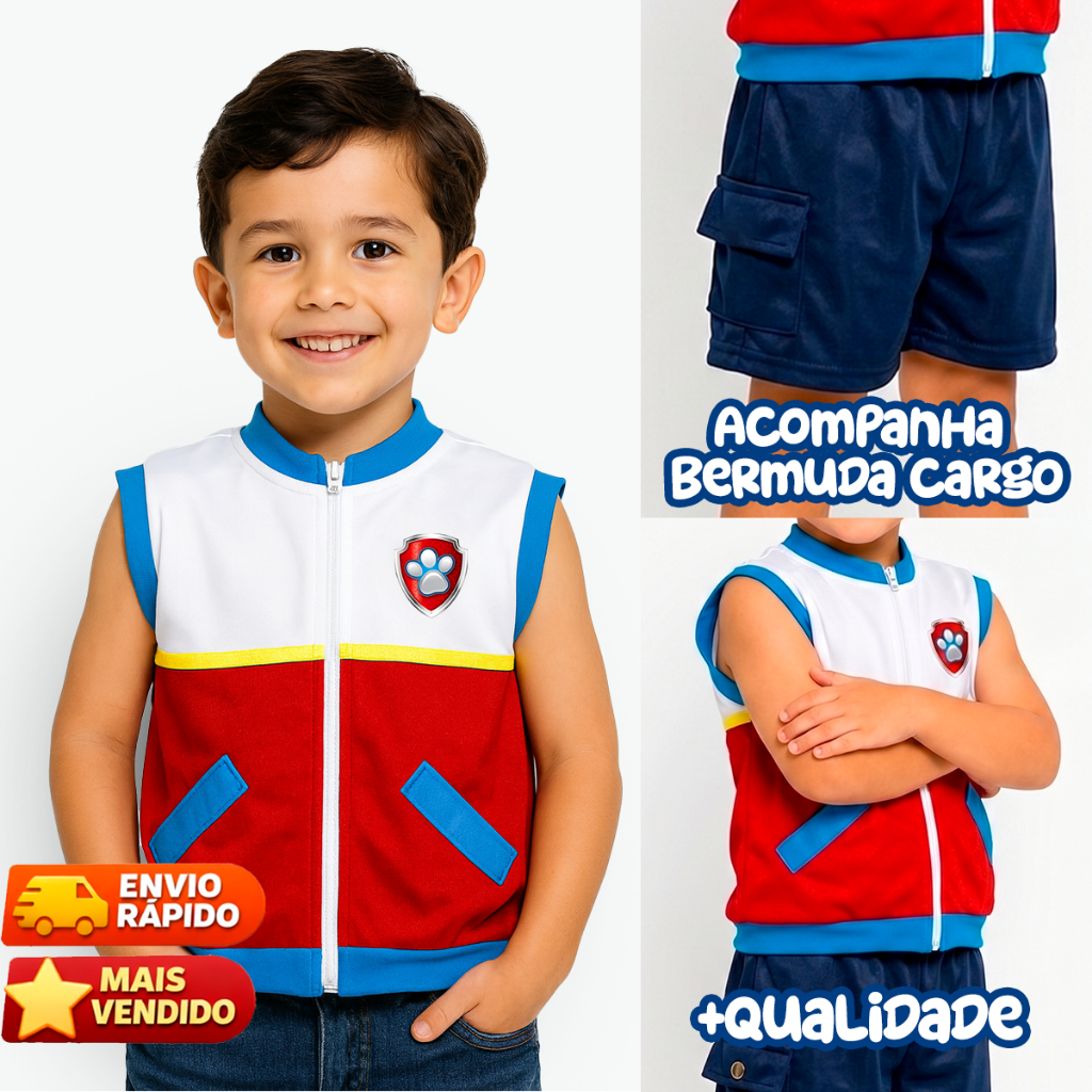 Conjunto Fantasia Ryder Patrulha Canina | BERMUDA E COLETE | Aniversário da Patrulha Canina, Festa |ENVIO IMEDIATO