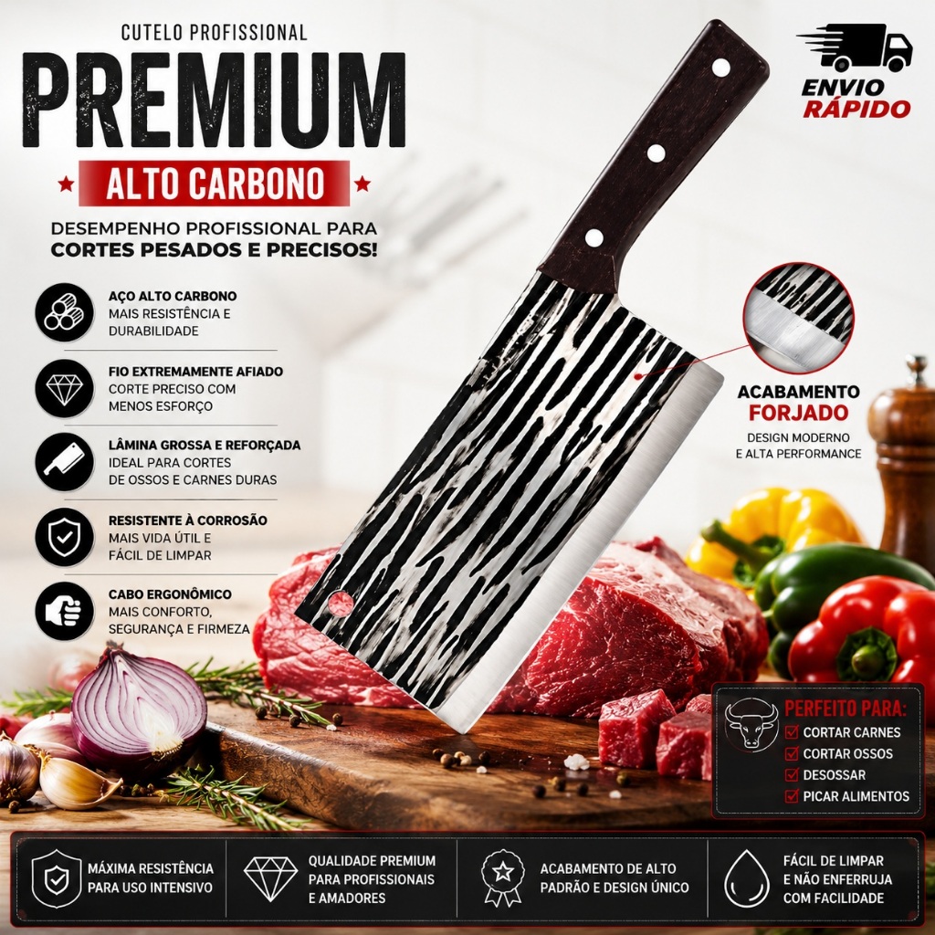 Cutelo de Carne Alto Carbono Faca Osso Pesado Corte Premium Profissional Açougueiro