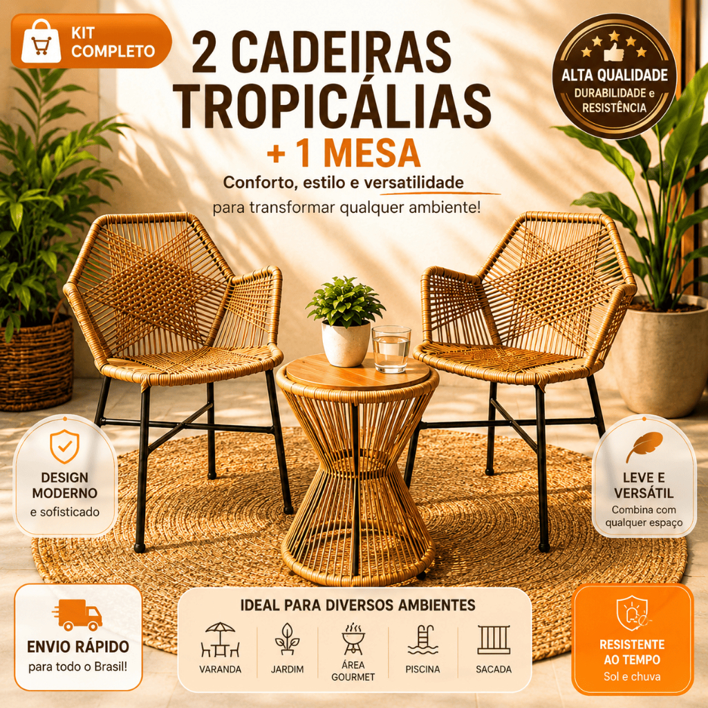 Kit 2 Cadeiras Tropicália com Mesa Ampulheta em Fibra Área Gourmet Jardim Piscina Varanda Sala