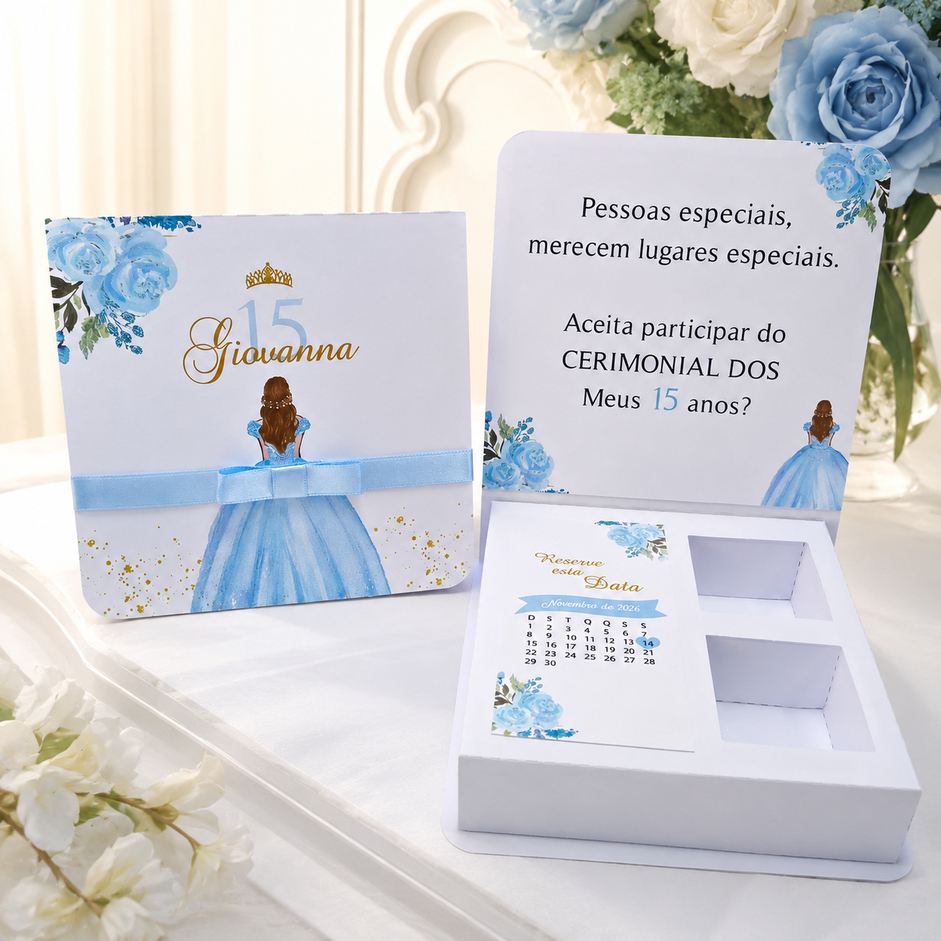 Convite 15 Anos Debutante Caixa Damas e Príncipe  Azul