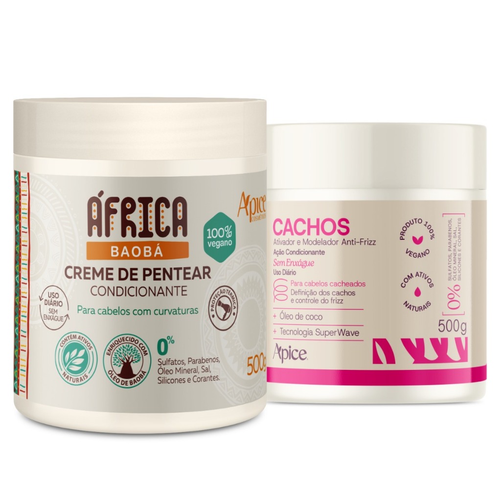 Kit Apice Cachos Nutritivo Ativador Modelador 500g África Baobá Creme Pentear 500g