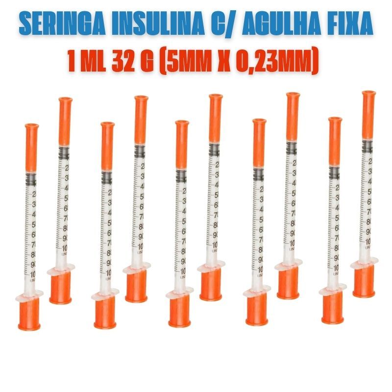 Seringa Insulina 1ml (5mm X 0,23mm 32G) Com Agulha Fixa - Marca: CEPALAB - Kit 10, 20, 50 Unidades