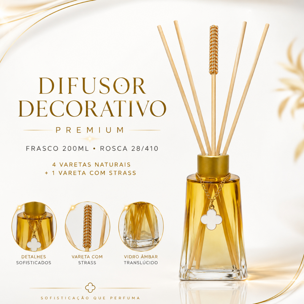 Kit Difusor de Ambiente Decorativo 200ml Premium Vidro Aromatizador com Varetas Decorativas
