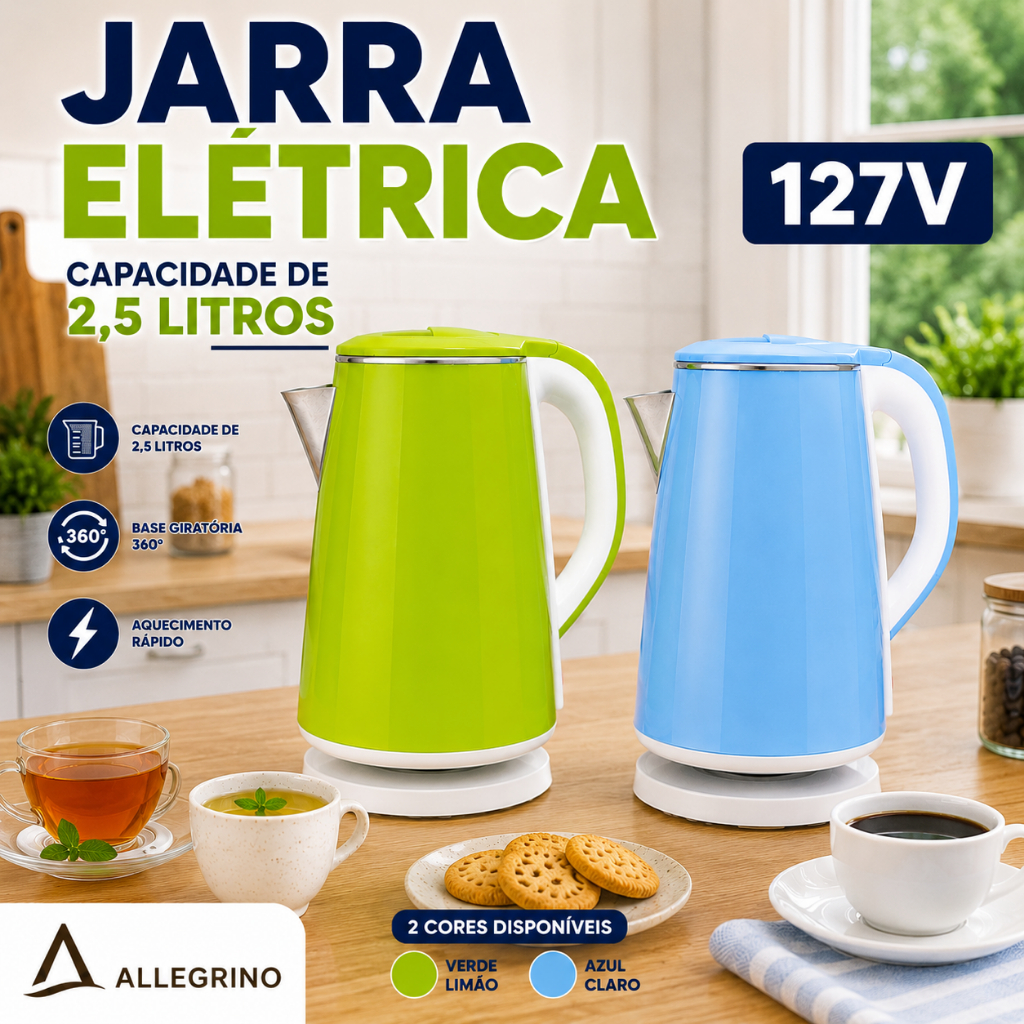 Chaleira Elétrica Retrô 2,5 Litros Aquecimento Rápido 1500W Base Giratória 360° Automático