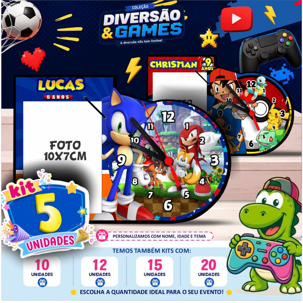 Centro de Mesa Relógio + Porta Retrato Personalizado - Sonic | Pokemon - Lembrancinha personalizada