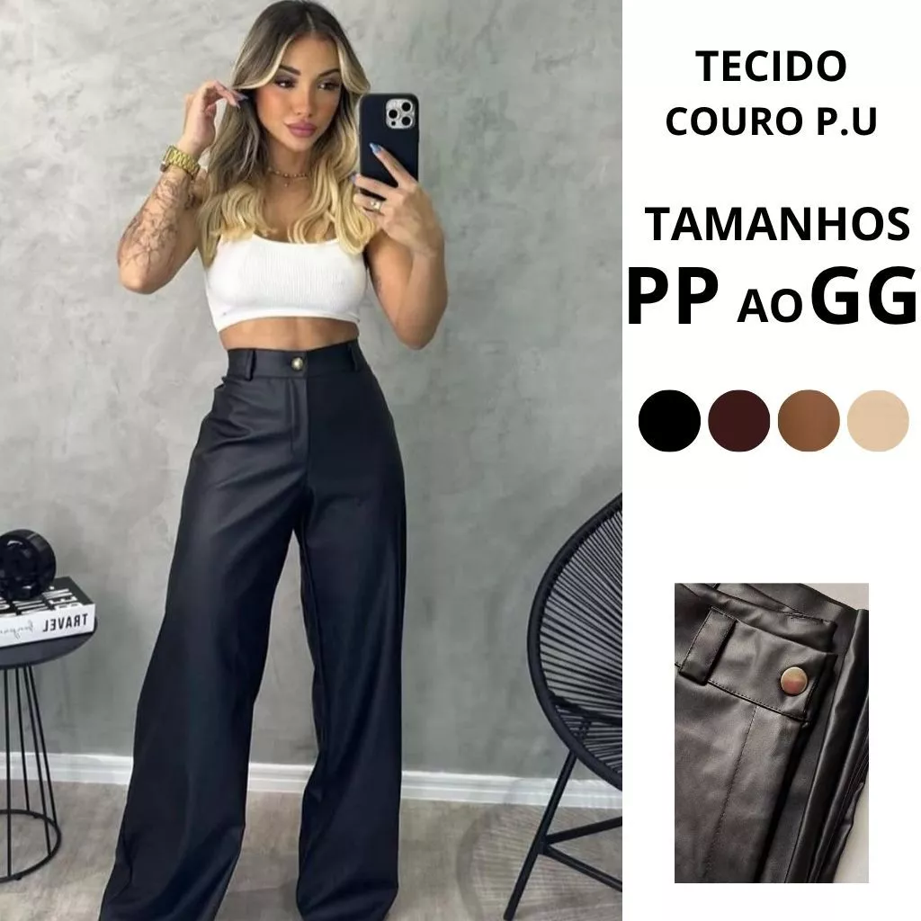 Calça de couro Pantalona Feminina Couro Sintético Premium Wide Leg Social Elegante Cintura Alta