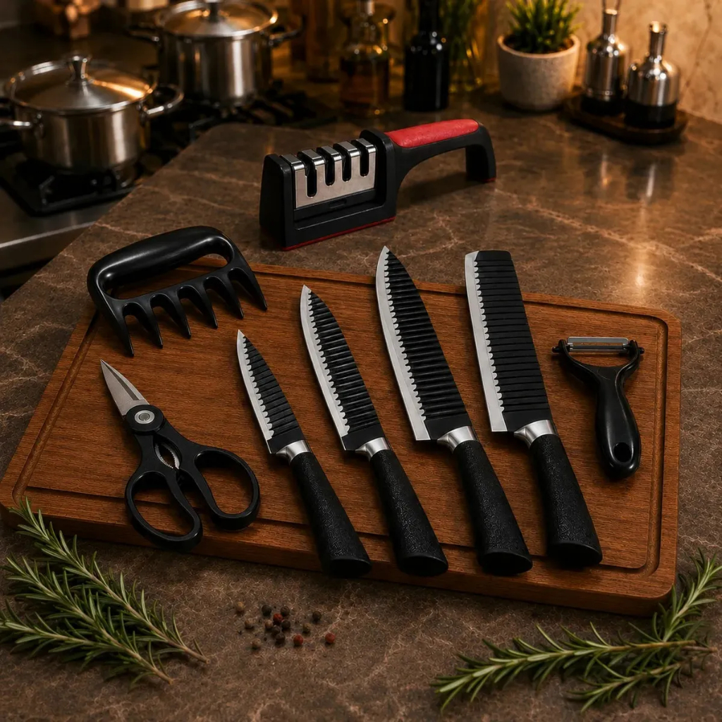 Imagem Kit Jogo De Facas Inox Conjunto 9 Peças Cozinha Churrasco Tesoura Descascador Tabua Brinde Aquattro