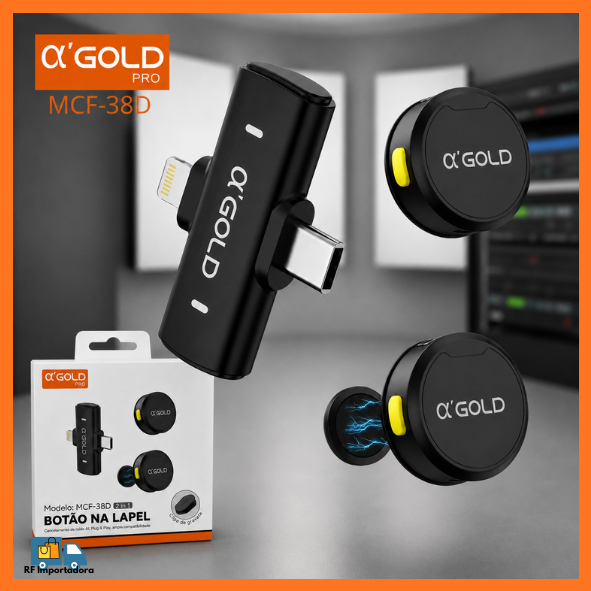 Microfone De Lapela Sem Fio Magnetico 2 Em 1 Lightning E Type-c AGOLD MCF-38D