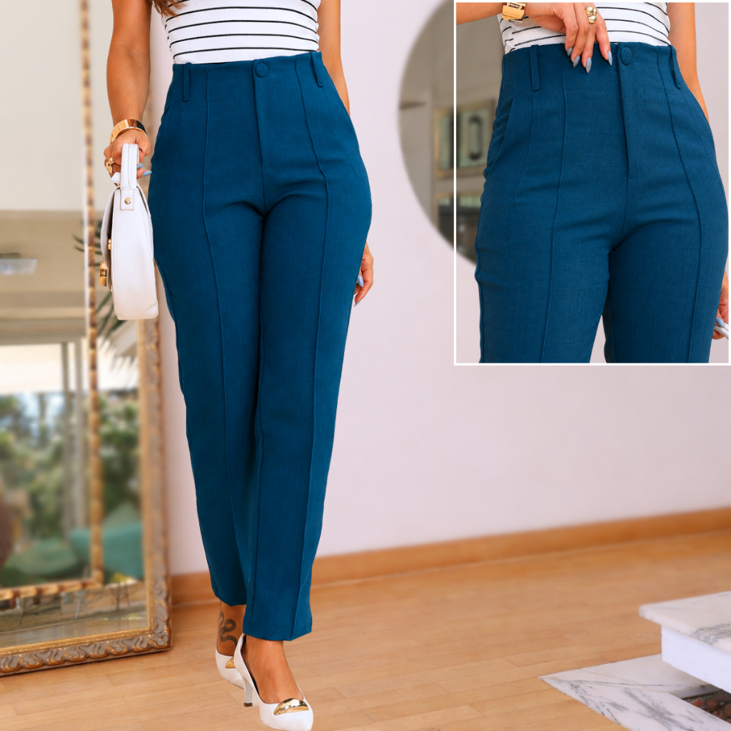 Calça Social Feminina Alfaiataria Skinny Tecido luis twill Premium Modelo Cintura Alta Trabalho