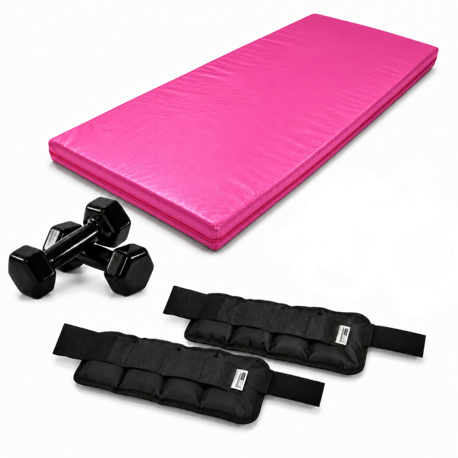 Kit Fitness Treino em Casa Colchonete Academia 90x40x3+ Par de Halteres Sextavado Emborrachado 4kg+ Par de Caneleira 4kg