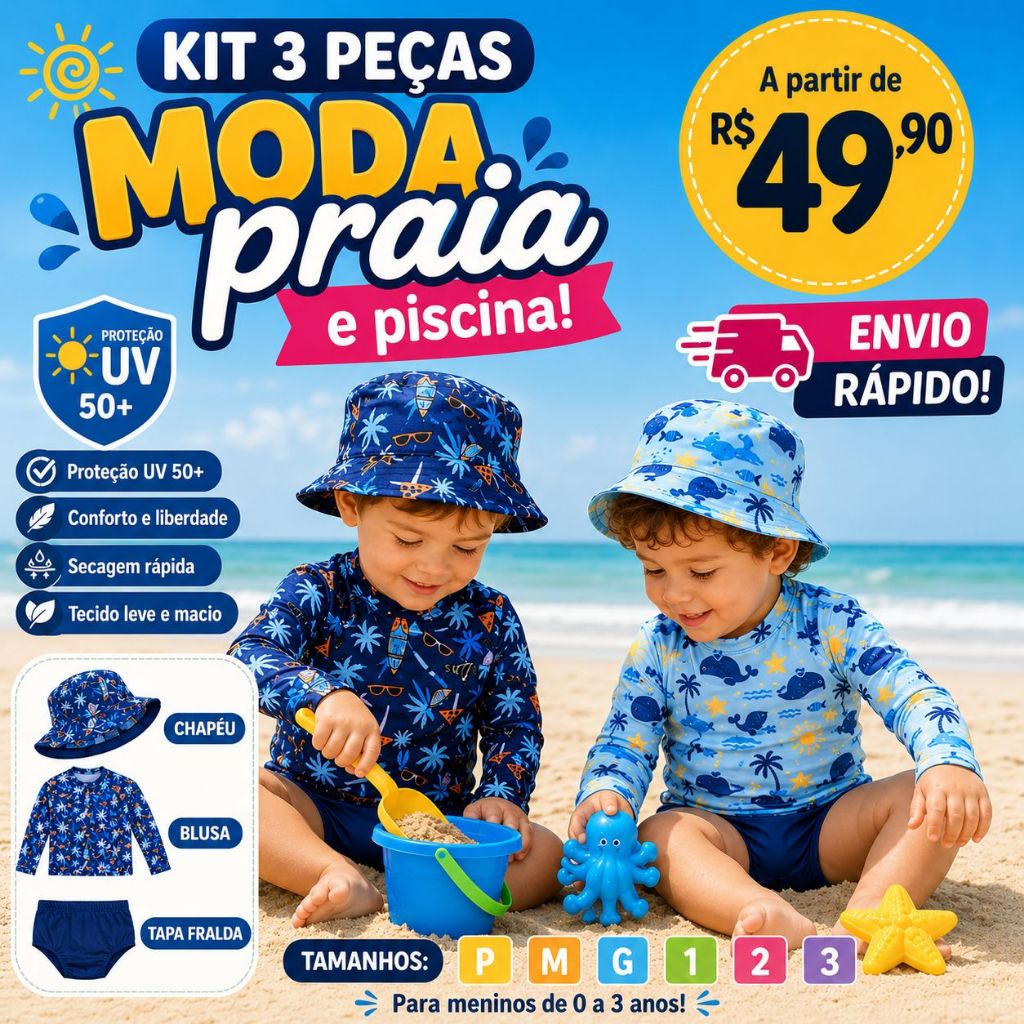 kit Bebê Blusa com Proteção Solar UV50 +Tapa Fralda( Sunga ) e Chapéu- Moda Praia e Piscina MeninosM ao 3