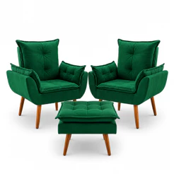 2 Poltronas Cadeira Estofada com Pés de Madeira Palito em Suede Várias Cores Com Puff Puf Opalla