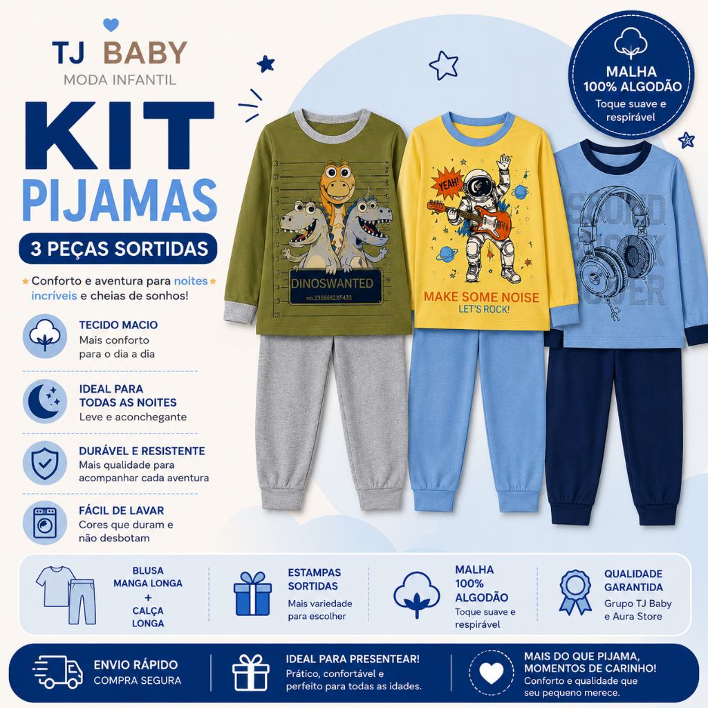 Kit 2 Conjuntos Pijama Infantil Menino Manga Longa 100% Algodão Estampas Sortidas 1 ao 3 Anos